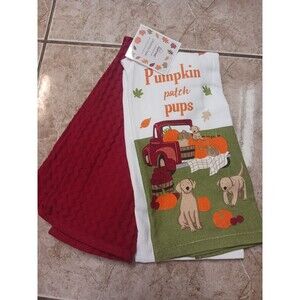 NWT Harvest By HomeWear 2 Pc Dish/Kitchen Towel Set Pumpkin Patch Pups Fall